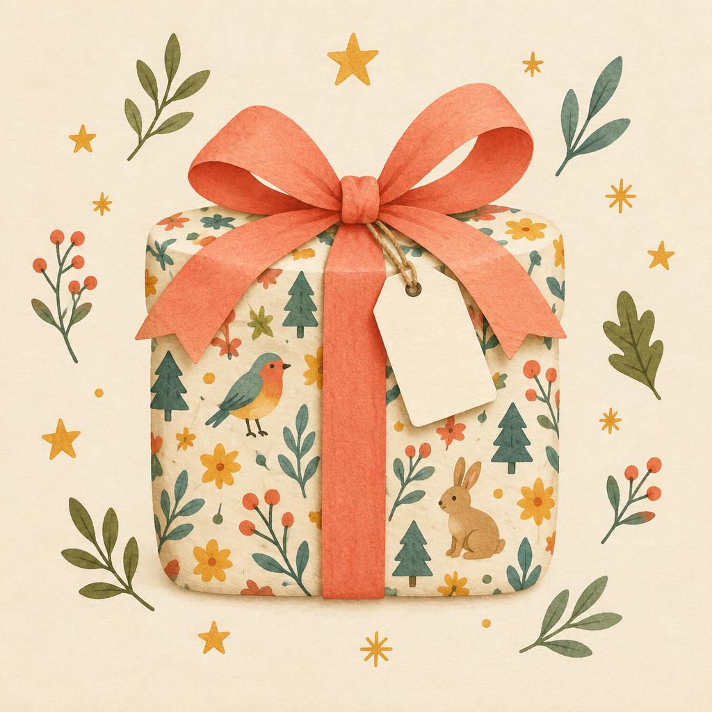 Illustrerat inslaget paket med rosett